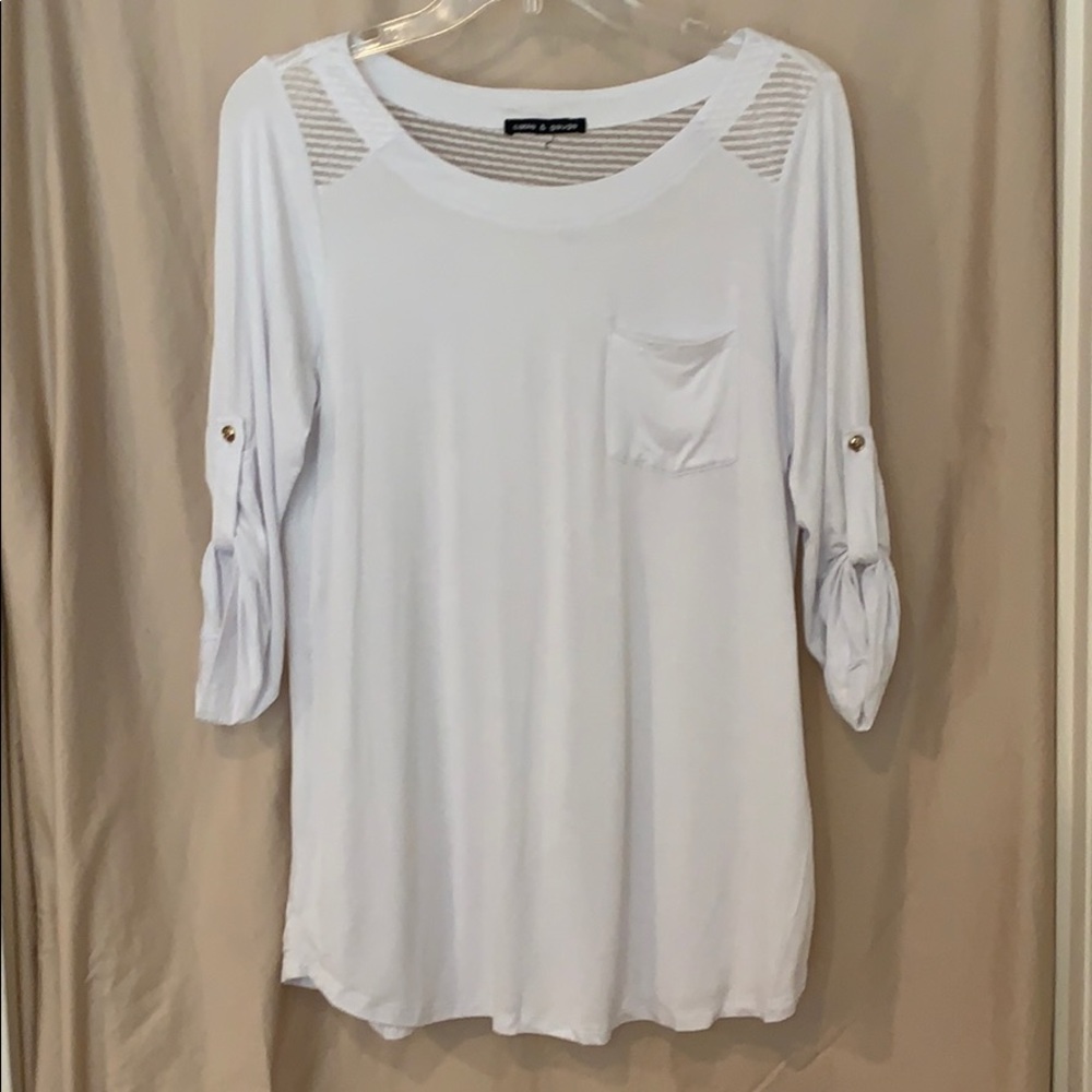 white top with 3/4 sleeves